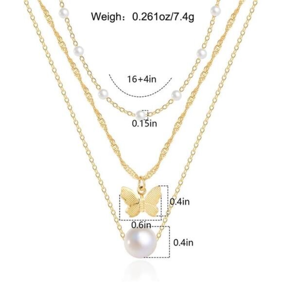 Layered Butterfly Pearl Pendant Necklace Set for Women Trendy 14k Gold Chain - Picture 2 of 8